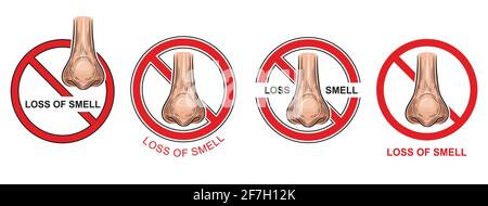 Anosmia, perdita di capacità di odorare set di icone. Covid-19 infezione malattia respiratoria sintomo. Naso organo di profumo. Percepire gli odori. Segnale di avvertenza. Vettore Illustrazione Vettoriale