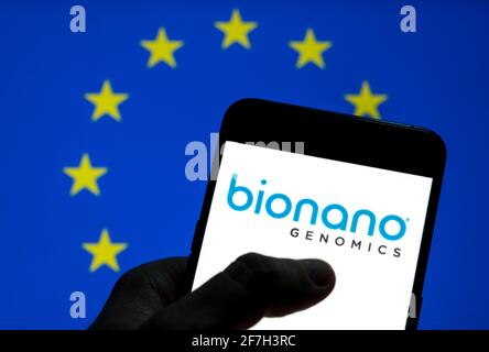 In questa illustrazione fotografica la piattaforma per analizzare i lunghi segmenti del logo dell'azienda di biotecnologia del DNA genomico Bionano Genomics è visualizzata su uno schermo di dispositivi mobili Android con la bandiera dell'Unione europea (UE) sullo sfondo. Foto Stock