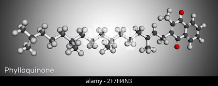 Phytomenadione, vitamina K1, molecola di fillochinone. È vitamina solubile in grasso essenziale, è importante nel mantenere la coagulazione normale del sangue. Molecul Foto Stock