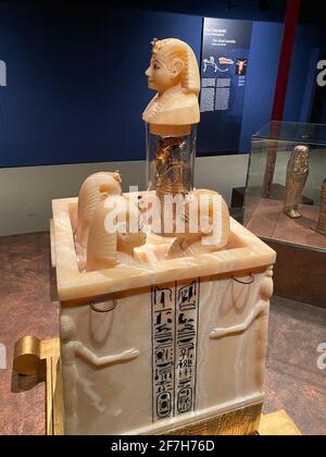 Mostra di Tutankhamun a Zurigo durante il periodo pandemico. Petto canopico con slitta per la bara dorata con organi interni Tutanchamps. 14.03.2021 Foto Stock