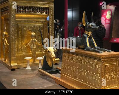 Mostra di Tutankhamun a Zurigo durante il periodo pandemico. Tomba e tesori con mucca d'oro e anubis nero come repliche dal faraone egitto Tutankham Foto Stock