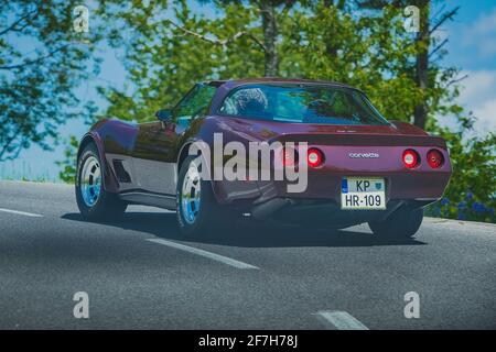 PIVKA, SLOVENIA, 8.6.2019: Posteriore della Corvette C3 rosso scuro auto muscolare vintage è visto guidare su una strada di campagna tra gli alberi e l'asfalto grigio. Foto Stock