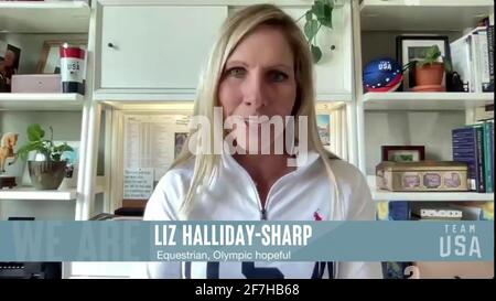 STATI UNITI. 07 aprile 2021. Liz Halliday-Sharp, equestre, Olympic Hopeful, University of California Santa Barbara visto in uno screenshot come il Comitato Olimpico e Paralimpico degli Stati Uniti ospita il Tokyo 2020 Team USA Media Summit dal 7-9 aprile dalle ore 8-5 MT ogni giorno. L'evento è stato organizzato per presentare più di 100 Olympiani, Paralympiani e hopefuls, in rappresentanza degli organi di governo nazionali che partecipano a Tokyo 2020 attraverso una serie di conferenze stampa. (Foto di Tokyo 2020 Team USA via Credit: Sipa USA/Alamy Live News Foto Stock