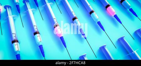 siringhe con dosi di vaccinazione per la protezione contro i virus (3d rendering) Foto Stock