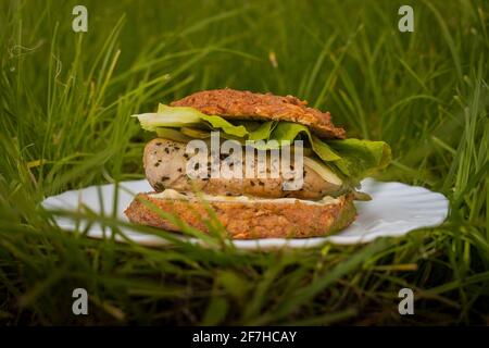 LCHF pasto ad alto contenuto di carboidrati o hamburger. Hamburger LCHF con pane non carboidrato composto da sesamo, uova, chee, mandorle. Immagine concettuale Foto Stock