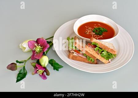 Zuppa calda e sandwich per un pranzo fresco di giorno, dieta sana stile di vita alimentare. Concetto di foto, sfondo di cibo, spazio di copia Foto Stock