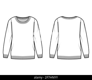 Maglione illustrazione tecnica di moda con collo rotondo, maniche lunghe, vestibilità regolare, lunghezza delle dita, rifiniture a coste. Ponticello piatto davanti, dietro, colore bianco. Donne, uomini unisex CAD mockup Illustrazione Vettoriale