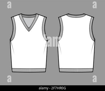 Gilet pullover gilet gilet gilet gilet gilet illustrazione tecnica moda con manica, maglia a costola, scollo a V, corpo oversize. Modello piatto anteriore, posteriore, colore bianco. Donne, uomini, unisex top CAD mockup Illustrazione Vettoriale