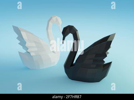 Scultura su carta di un Swan poligonale, animale di carta piegato, papercraft, cigno bianco e nero, idea d'amore, rendering 3d Foto Stock