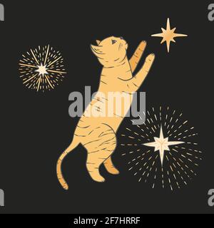 Astrologia sacro gatto celeste boho esoterico arte. Vivaio animale oro arte Illustrazione Vettoriale