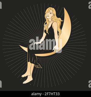 Donna celeste astrologia sacra femminile boho esoterico oro e nero carta art. Ragazza sulla luna e stella magica vettore poster. Illustrazione Vettoriale