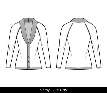 Cardigan Shawl colletto Sweater illustrazione tecnica moda con maniche lunghe raglan, corpo montato, finitura a coste in maglia, chiusura a bottoni. Abbigliamento piatto, anteriore, posteriore, colore bianco. Donne unisex CAD mockup Illustrazione Vettoriale