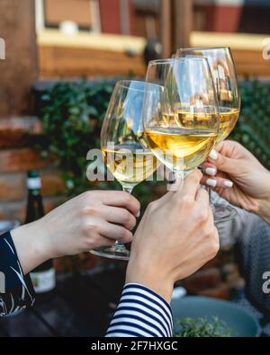 primo piano sulle mani di un gruppo sconosciuto di donne caucasiche sorregge bicchieri di vino bianco tostando mentre siedi al ristorante in giorno all'aperto femmina amici Foto Stock