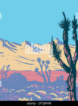 WPA Poster Art della catena montuosa del Castello e Joshua Albero nel deserto di Mojave all'interno del Castello Montagne National Monument San Bernardino County Cali Illustrazione Vettoriale