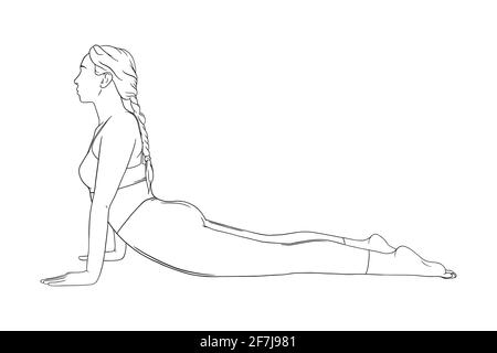 Yoga COBRA posa o bhujangasana. Donna che pratica la strengthing yoga posa. Immagine vettoriale incisa isolata su sfondo bianco Illustrazione Vettoriale