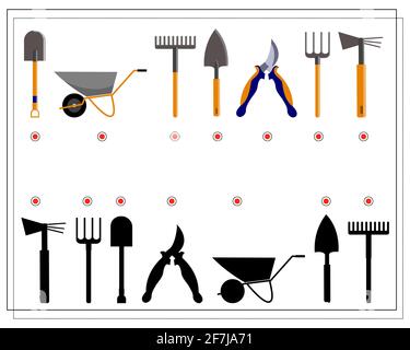 Un gioco per i bambini, trovare la giusta ombra per gli attrezzi da giardino. Pala, rastrello, carretto da giardino, potatrice, Vector Illustrazione Vettoriale
