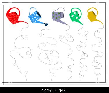 Pratica della scrittura a mano, un gioco educativo per i bambini. Attrezzi da giardino, annaffiatoio. Vettore Illustrazione Vettoriale