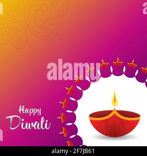 Banner Diwali Festival con Diya, Paisley Design e testo 3D creativo su sfondo viola. Illustrazione Vettoriale