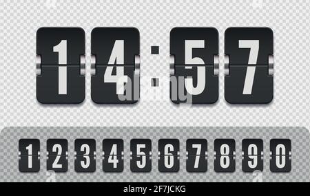 Capovolgere il numero del conto alla rovescia con le ombre isolate su sfondo trasparente. Modello di illustrazione vettoriale. Carattere del numero del tabellone. Modello vettoriale contatore tempo di flip clock vintage. Illustrazione Vettoriale