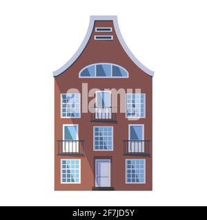 Vecchia casa marrone europea in stile tradizionale olandese con un doppio tetto a tegole, finestre a mansarda rotonde e balconi. Illustrazione vettoriale in Illustrazione Vettoriale
