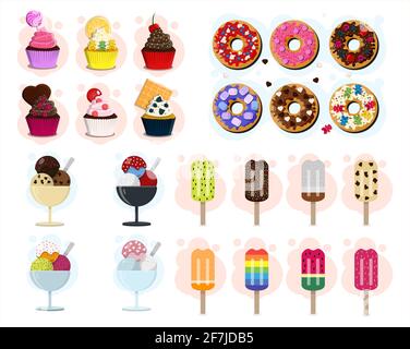Un grande insieme vettoriale di dolci. Illustrazione di diversi tipi di gelato, ciambelle e cupcake. Design piatto. Illustrazione del cibo del cartone animato. Impostare per Illustrazione Vettoriale