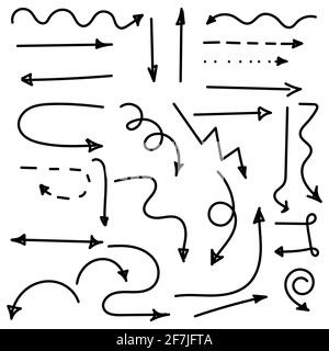 Serie di frecce curve vettoriali disegnate a mano. Icone a freccia con varie direzioni. Stile Doodle. Illustrazione vettoriale isolata su sfondo bianco Illustrazione Vettoriale
