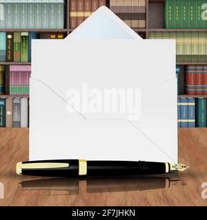 3D'illustrazione. Busta con lettera che simboleggia un messaggio di posta elettronica con la fontana in primo piano. Foto Stock