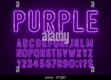 Carattere chiaro al neon viola su sfondo scuro. Alfabeto incandescente. Illustrazione Vettoriale