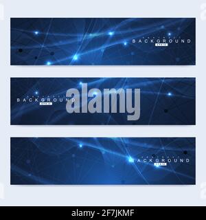 Set di scientifica di moderno vettore banner. Molecola di DNA struttura collegata con linee e punti. Scientifica e Tecnologica di concetto. Onda grafico di flusso Illustrazione Vettoriale