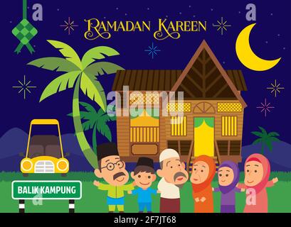 Ramadan Kareem e Eid al-Fitr. Felice famiglia musulmana che celebra Hari Raya Aidilfitri nel villaggio dopo Ramadan Kareem. Traduzione: Festival di Breakin Illustrazione Vettoriale