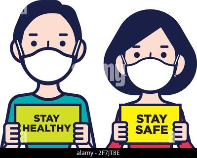 Sensibilizzazione del pubblico sulla malattia del coronavirus. Donna e uomo che indossano maschere chirurgiche protettive che tengono un soggiorno sicuro e rimanere sani cartelli - vettore Charact Illustrazione Vettoriale