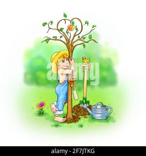 Albero amore il giardiniere piccolo abbracci a piedi nudi albero appena piantato rami corona cuore forma mela amore ragazzo amore sentimenti di affetto emotion uccello pianta Foto Stock