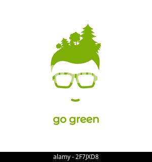 Silhouette della testa dell'uomo in occhiali da hipster con foresta in capelli . Avatar verde con alberi. Ecologia e amore per la natura. Eco-friendly. Go Green Concept. È Illustrazione Vettoriale