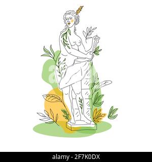 Antica statua della dea greca in linea continua. Illustrazione vettoriale. Disegno moderno. Park in estate. Stile OneLine. Illustrazione Vettoriale
