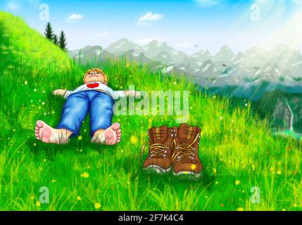 Ragazzo bambino giace a piedi nudi comodamente le mani dietro testa prato di montagna Sorridere cielo vista in alto escursionisti scarpe rompere montagne montagne montagne Allgäu Baviera Foto Stock