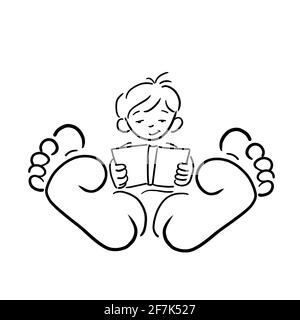 Il ragazzo a piedi nudi si siede accogliente e legge un libro gambe Stirati per riposarsi goditi il logo break in bianco e nero modello di impaginazione modello di sfondo mockup Foto Stock