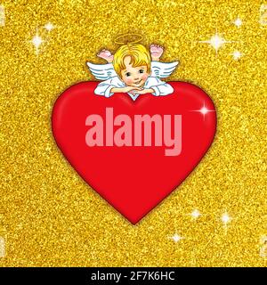 Template angelo a piedi nudi cute dolce grazioso cuore rosso oro glitter scintillante layout anniversario design gioia felice biglietto di auguri dire valenti Foto Stock