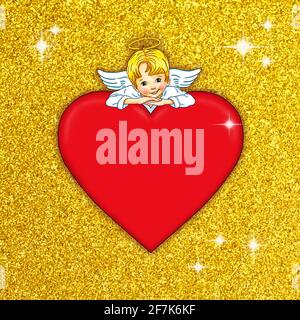 Template angelo a piedi nudi cute dolce grazioso cuore rosso oro glitter scintillante layout anniversario design gioia felice biglietto di auguri dire valenti Foto Stock