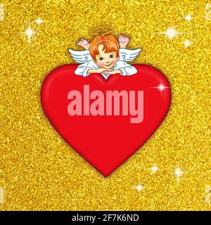 Template angelo a piedi nudi cute dolce grazioso cuore rosso oro glitter scintillante layout anniversario design gioia felice biglietto di auguri dire valenti Foto Stock