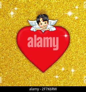 Template angelo a piedi nudi cute dolce grazioso cuore rosso oro glitter scintillante layout anniversario design gioia felice biglietto di auguri dire valenti Foto Stock