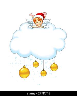 Modello piccolo angelo carino dolce bugie graziose smiling nube natale babbo natale bolla pubblicità banner vacanza mock up, layout, festively decorare Foto Stock