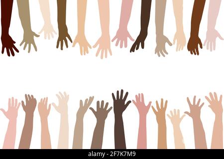 Mani alzate di diversa pelle di razza Illustrazione Vettoriale