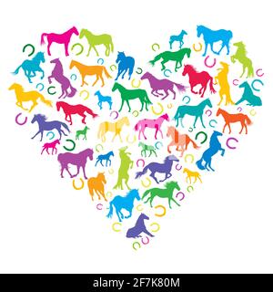 Amo il concetto di cavalli con sagome di cavalli e cavalli scarpe a forma di cuore Illustrazione Vettoriale