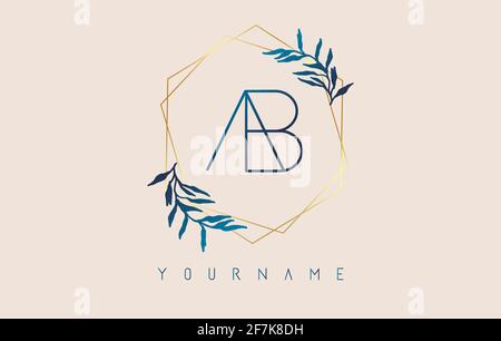 Lettere AB a b Logo con cornici poligonali dorate e foglie blu sfumate. Illustrazione vettoriale di lusso con lettere A e B e foglia sfumata blu Illustrazione Vettoriale