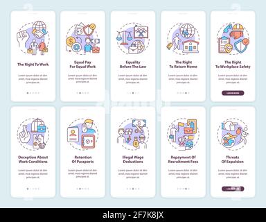 Diritti dei lavoratori migranti onboarding pagina app mobile con concetti impostazione Illustrazione Vettoriale