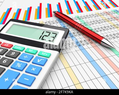 La calcolatrice si trova nelle tabelle di bilancio finanziario e nei dati grafici. Un concetto di business planning, analisi e contabilità Foto Stock