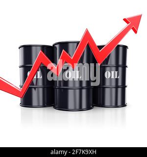 Prezzo del petrolio in crescita. Il grafico a freccia rossa si solleva vicino ai barili con olio. illustrazione 3d Foto Stock