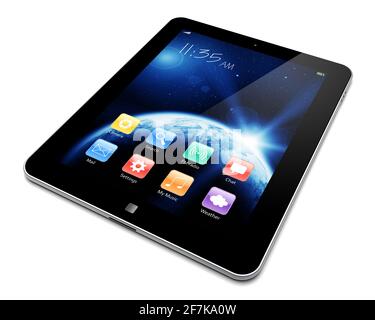 Tablet PC astratto con sfondo Space Dawn e app colorate su uno schermo. La texture terrestre di questa immagine fornita dalla NASA. (http://visibleearth.na Foto Stock