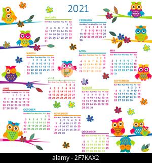 2021 Calendario con i gufi dei cartoni animati Illustrazione Vettoriale