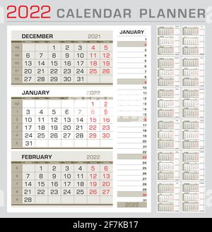 Modello di pianificazione del calendario 2022. Settimana a partire da lunedì. calendario di 3 mesi a pagina, con calandra a destra del mese d'attualità. Pronto per la stampa Illustrazione Vettoriale